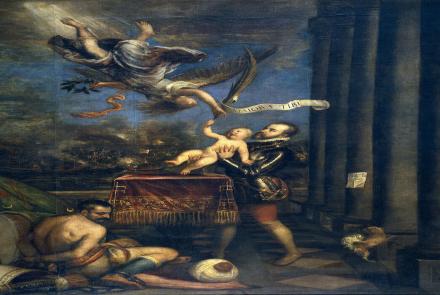 Felipe II, tras la victoria de Lepanto, ofrece al príncipe Fernando al cielo, Tiziano, 1572-   (Fuente: Wikipedia).       1575.